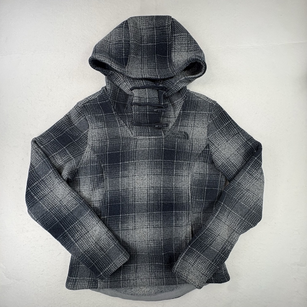 The North Face Crescent Hoodie Womens Gray Plaid Fleece Toggle Pullover Jacket